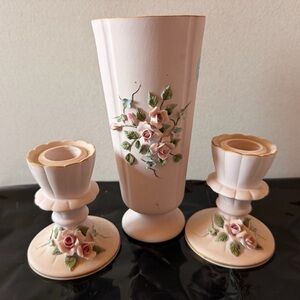 Vintage  Lefton China Ceramic Pink Rose Candle Holder and Vase set.